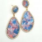 Gold Pink and Blue Teardrop Shaped Rhinestone 2.75 Inch Drop Dangle Earrings