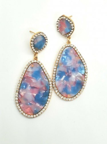 Gold Pink and Blue Teardrop Shaped Rhinestone 2.75 Inch Drop Dangle Earrings