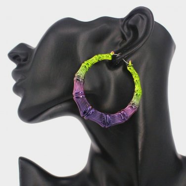 Purple & Green Bamboo Textured Door Knocker 2.5 Inches Cute Casual Hoop Earrings
