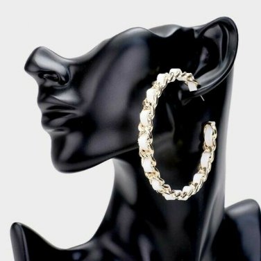 Gold White Leather Chain Link Round Fashion Stylish Trendy Modern Hoop Earrings