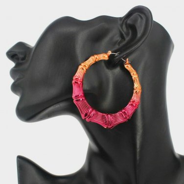 Pink & Peach Bamboo Textured Cute Door Knocker 2.5 Inches Casual Hoop Earrings