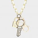 Long White Leather Gold Key Charm Necklace Pendant Style Rhinestone Jewelry Cute
