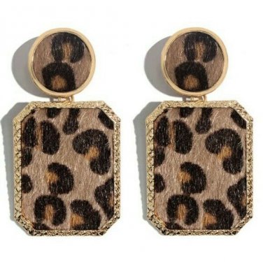 Gold Trimmed Brown & Black Leopard Print Fashion Stylish Trendy Dangle Earrings