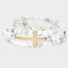 Sideways Gold Cross White Gray Marble Beads Stones MultiLayered Stretch Bracelet