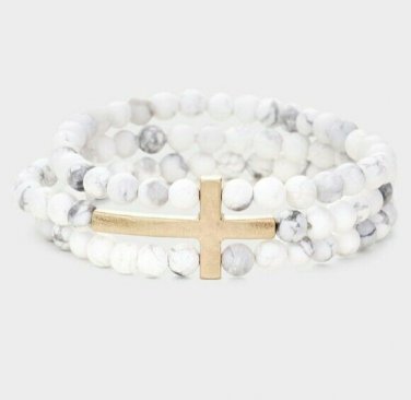 Sideways Gold Cross White Gray Marble Beads Stones MultiLayered Stretch Bracelet