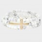 Sideways Gold Cross White Gray Marble Beads Stones MultiLayered Stretch Bracelet