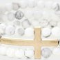 Sideways Gold Cross White Gray Marble Beads Stones MultiLayered Stretch Bracelet