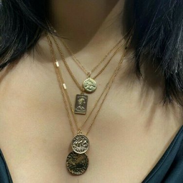 Gold MultiLayered Round Coin Necklace Pendant Chain Statement Jewelry Trendy