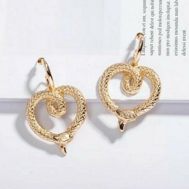 Gold Snake Heart 2.2 Inches Casual Textured Hoop Drop Dangle Earrings Jewelry