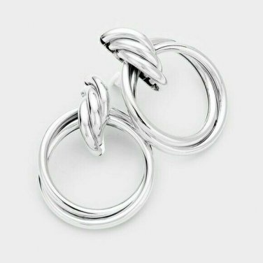 Silver Knot Hoop Clip On Earrings Casual Design Fashion Jewelry Womens 2.5 Inch