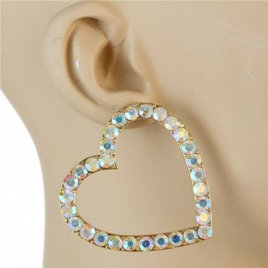 Gold Rhinestone Heart Shaped Fun Fashion 2 Inch Modern Stud Hoop Earrings