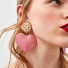 Cute Light Pink Heart and Gold Drop Dangle Earrings