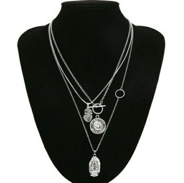 Silver Face Head MultiLayered Coin Necklace Pendant Chain Jewelry Trendy Style