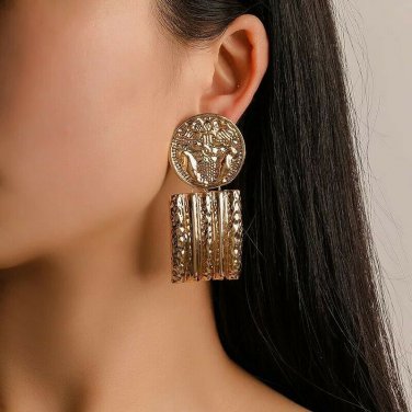 Chic Gold Geometric Shaped Bold Round 3D Patterned Stripe Drop Dangle Earrings