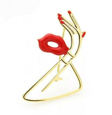 Red Lips Gold Hand Lady Brooch Statement Pendant Pin Fashion Jewelry Accessory