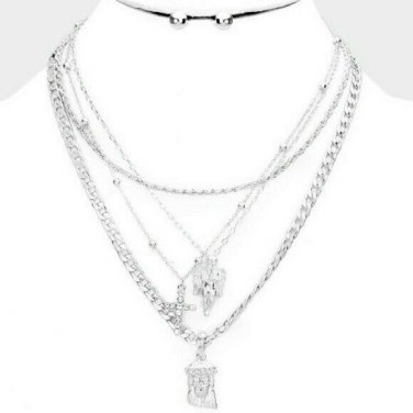 Silver Multi Layered Necklace Pendant Style Statement Chain Set Fashion Jewelry