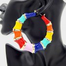 Colorful Gold Round Bamboo Textured Cute DoorKnocker 3.5 Inches Hoop Earrings
