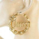 QUEEN Crystal Gold Round Bamboo Textured Cute DoorKnocker 2.5 Inch Hoop Earrings