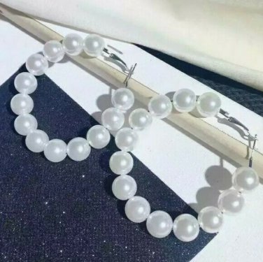 Big Silver White Multi Beaded Pearl Hoop Earrings Design Fashion Jewelry Trendy