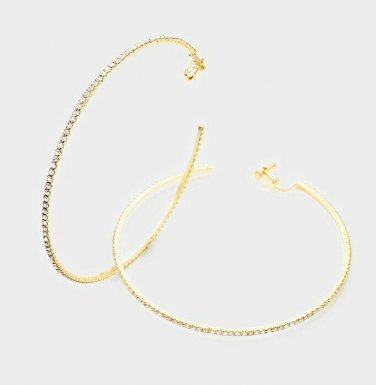 Crystal Gold Hoop Clip On Earrings Casual Design Fashion Jewelry Womens 4" Large
