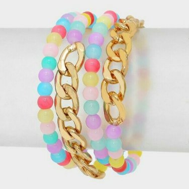 MultiColored Gold Chain Link Colorful Beaded MultiLayered Stretch Bracelet Cute