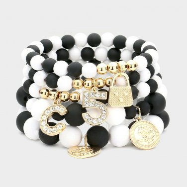 Black White Gold Lock Beads MultiLayered Stretch Bracelet Cute Fashion Accessory