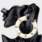 White & Gold Round Bamboo Textured Cute DoorKnocker 3 Inch Trend Hoop Earrings