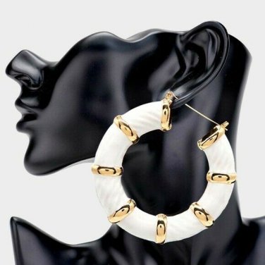 White & Gold Round Bamboo Textured Cute DoorKnocker 3 Inch Trend Hoop Earrings
