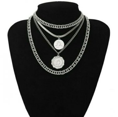Silver MultiLayered Coin Choker Necklace Pendant Chain Jewelry Cute Trendy Style