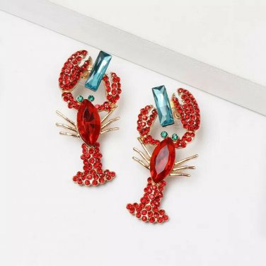 Red Lobster Shaped Rhinestone Crystal 2 Inch Geometric Cute Drop Dangle Earrings