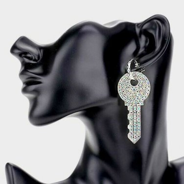 Silver Rhinestone Key Shaped Cute Fashion Trendy Dangle Earrings Bling Jewelry 3