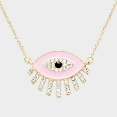 Pink Gold Crystal Evil Eye Necklace Pendant Style Statement Chain Trendy Jewelry