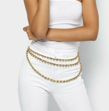 Layered Gold Clear Rhinestone Bling Accent Cute Fashion Jewelry Trend Chain Belt