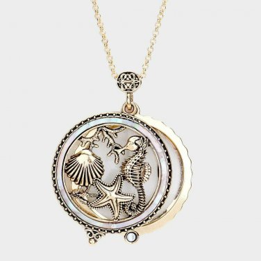 Long Gold Sea Life Necklace Round Magnifying Glass Pendant Chain Jewelry Trendy