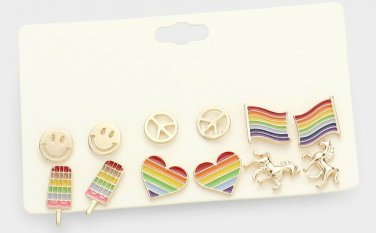 Gold Six Pairs Peace Rainbow Stud Style Fashion Jewelry Stud Earrings Set Trendy