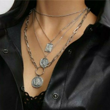 Silver Multi Layered Necklace Virgin Mary Pendant Statement Chain Jewelry Set