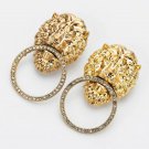 Gold Rhinestone Lion Head Pendant Doorknocker Fashion Jewelry Dangle Earrings
