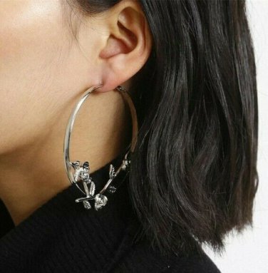 Silver Rose Flower Shaped Unique Fashion Circle Round Metal Hoop Earrings Floral