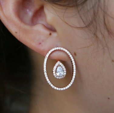 Gold Cubic Zirconia Oval Shaped Water Drop 1 Inch Modern Crystal Stud Earrings