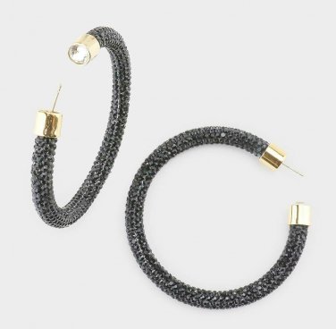 Jet Black Gold Rhinestone Fun Fashion Stylish Trendy Bling Crystal Hoop Earrings