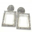 Big Silver Clear Transparent Rhinestone Stylish Rectangle Trendy Dangle Earrings