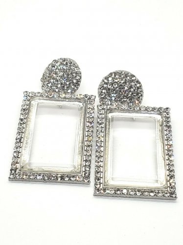 Big Silver Clear Transparent Rhinestone Stylish Rectangle Trendy Dangle Earrings