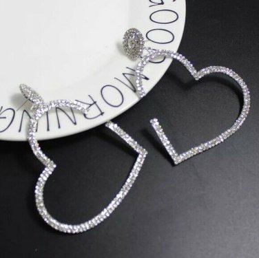 Silver Leaning Heart Shaped Fun Fashion Trendy Modern Rhinestone Hoop Earrings