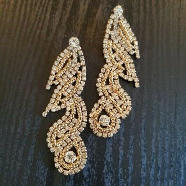 Gold Long Swirl Shape Big Jeweled Crystal Shiny 4.25 Inch Drop Dangle Earrings