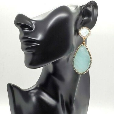 Gold and Blue Teardrop Shaped Rhinestone 2.75 Inch Drop Crystal Dangle Earrings