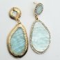 Gold and Blue Teardrop Shaped Rhinestone 2.75 Inch Drop Crystal Dangle Earrings