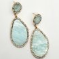 Gold and Blue Teardrop Shaped Rhinestone 2.75 Inch Drop Crystal Dangle Earrings