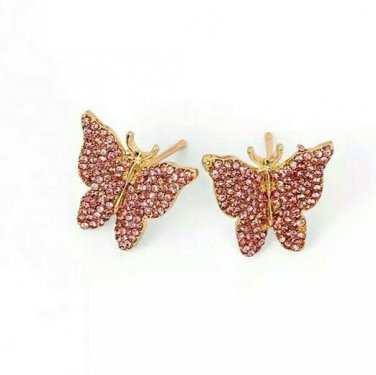 Pink Rhinestone Gold Butterfly Pendant Fashion Jewelry Stud Earrings Cute Style