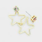 Gold Star Crystal Geometric Design Metal Post Drop Stud Earrings Trendy 1 Inch