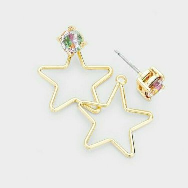 Gold Star Crystal Geometric Design Metal Post Drop Stud Earrings Trendy 1 Inch